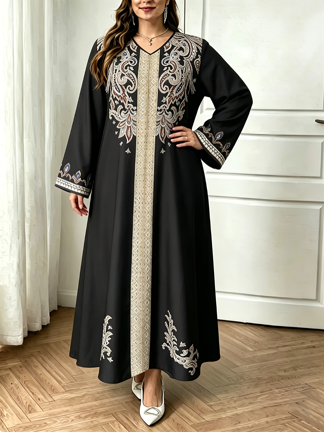 Robe du Moyen-Orient Printemps Automne Mode Femme Imprimé Ethnique Décontractée Confortable Style Vacances Robe à Manches Longues