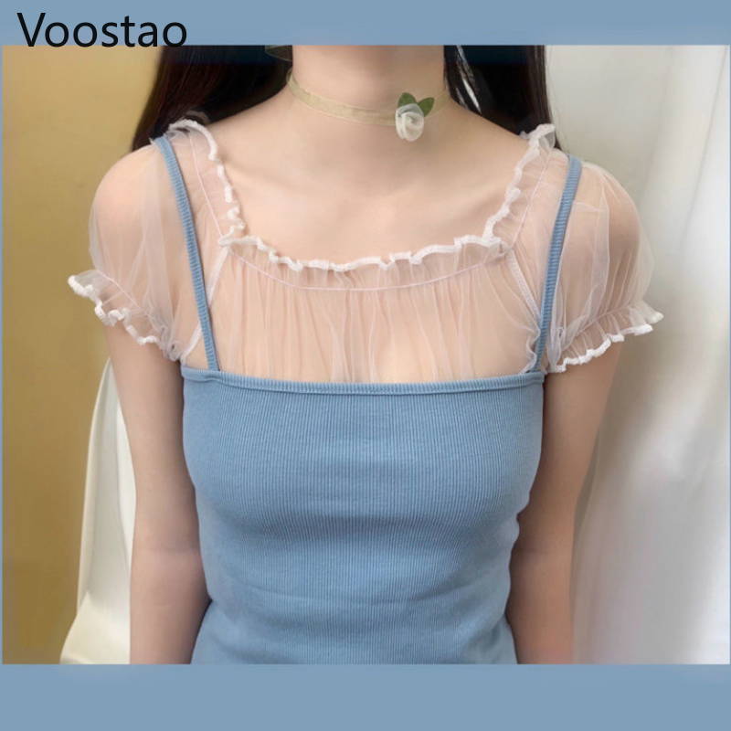 Chemises en maille à volants pour femmes, chemisiers de style Lolita doux, col slash Kawaii, manches courtes bouffantes, sexy et mignon, été