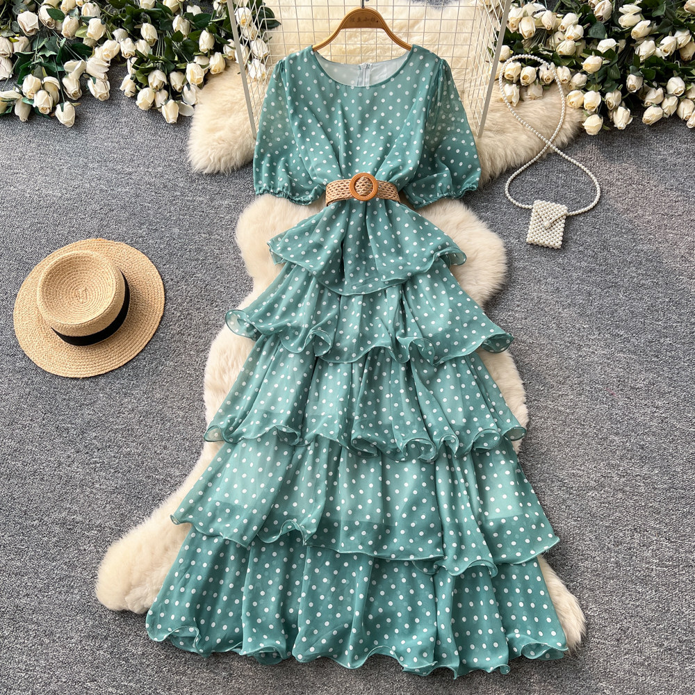 Robe longue pour femme, coupe trapèze, style Y2K streetwear, col rond, manches courtes, imprimé à pois, élégante pour soirée, fête, travail, 2026