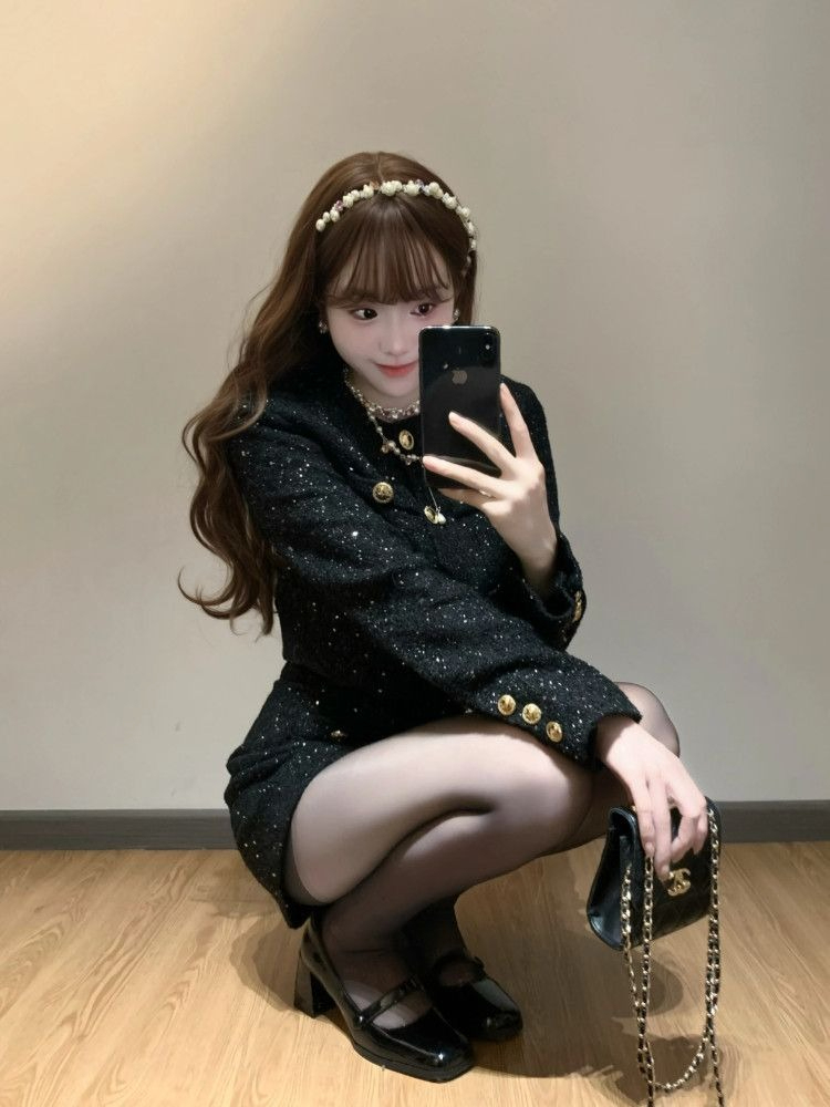 Mode coréenne élégant 2 pièces ensemble femmes noir brillant Tweed veste courte + taille haute Tweed Shorts français décontracté Chic tenue