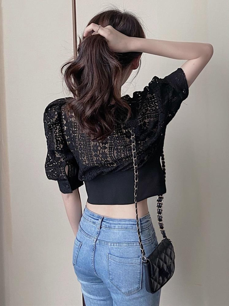 WoBjSweet-Chemisier en crochet pour femme, chemise évidée sexy, manches bouffantes vintage, chemises coréennes, mode chic, Y-Blusas