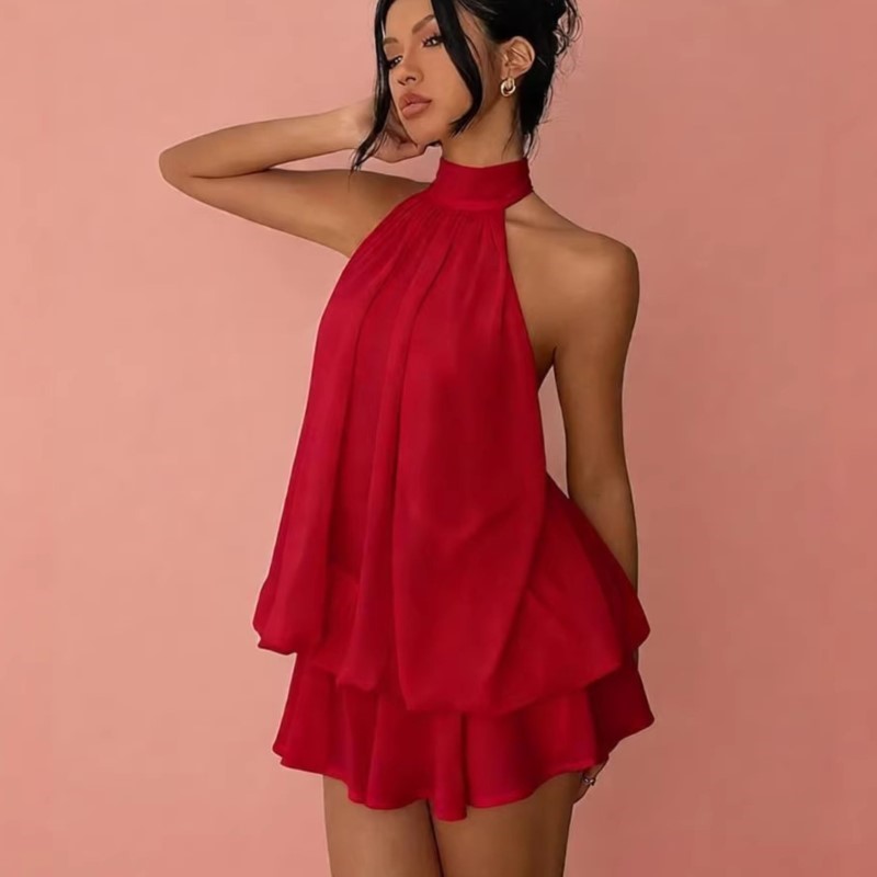Robe de plage bohème pour femme, ensemble 2 pièces en mousseline, haut à col halter et jupe courte, collection été 2026, sexy et dos nu