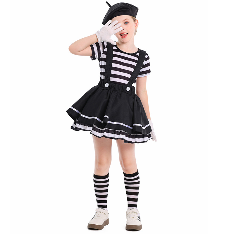 Costume de spectacle sur scène pour filles, Burlesque d'halloween, 1 juin, Acteur Pantomime, Clown Pantomime, haut + jupe à bretelles + chapeau + gants