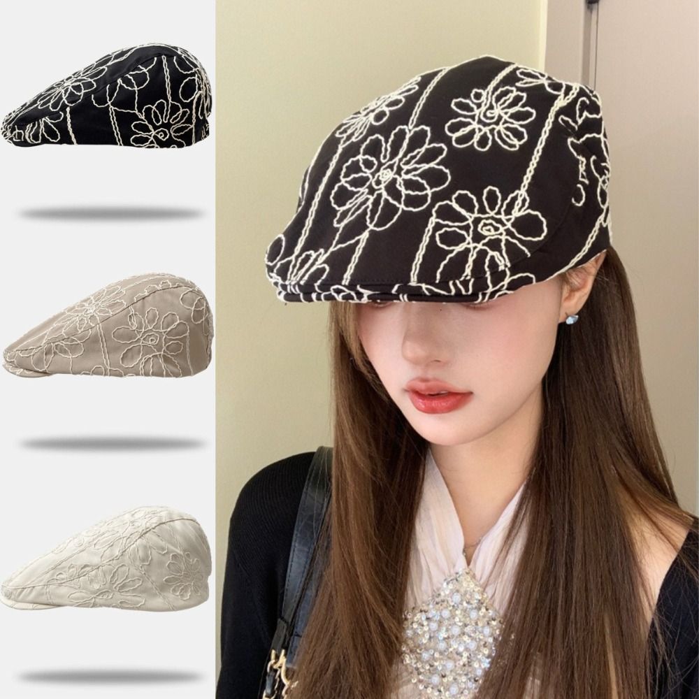 Casquette rétro tendance, décontractée et polyvalente, style coréen, avec broderie florale douce et épicée, chapeau britannique pour femme et jeune fille