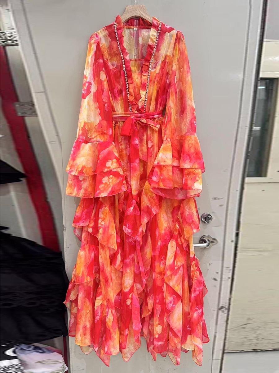 VGH – robe de soirée amincissante pour femmes, imprimé coloré, col en V, manches à volants, taille haute, Patchwork, robes à lacets, vêtements féminins