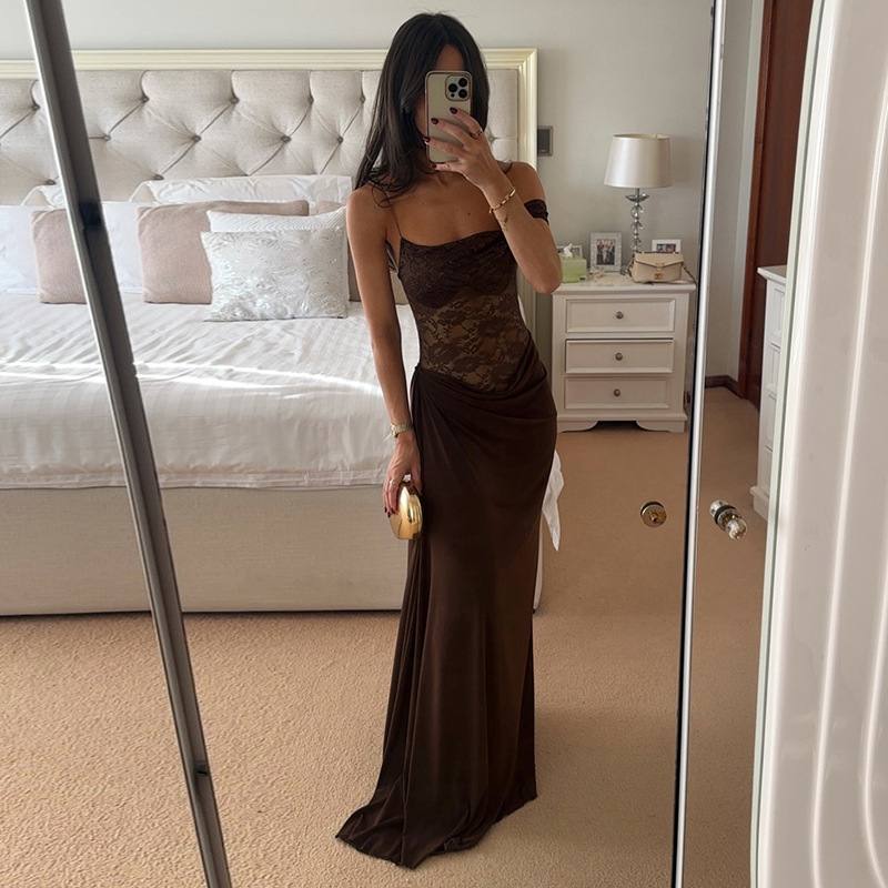 Robe longue drapée marron en dentelle transparente pour femme, robe de soirée sexy à fines bretelles, robe de mariée noire ou bordeaux pour invitée