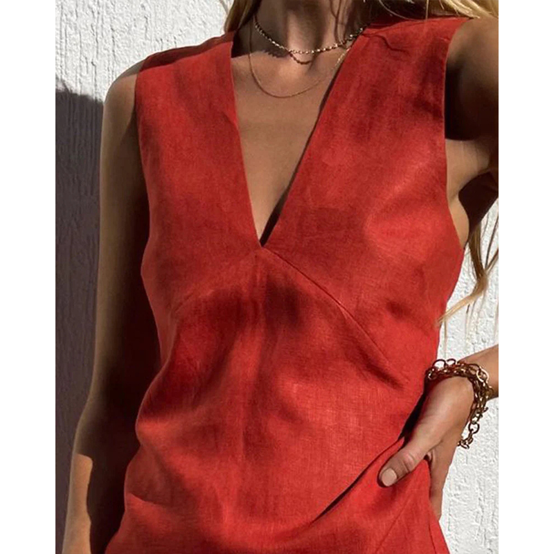 Robes en coton et lin pour femmes, Sexy, col en v, sans manches, débardeur basique, Chic, élégante, robes pour dames, vente d'été