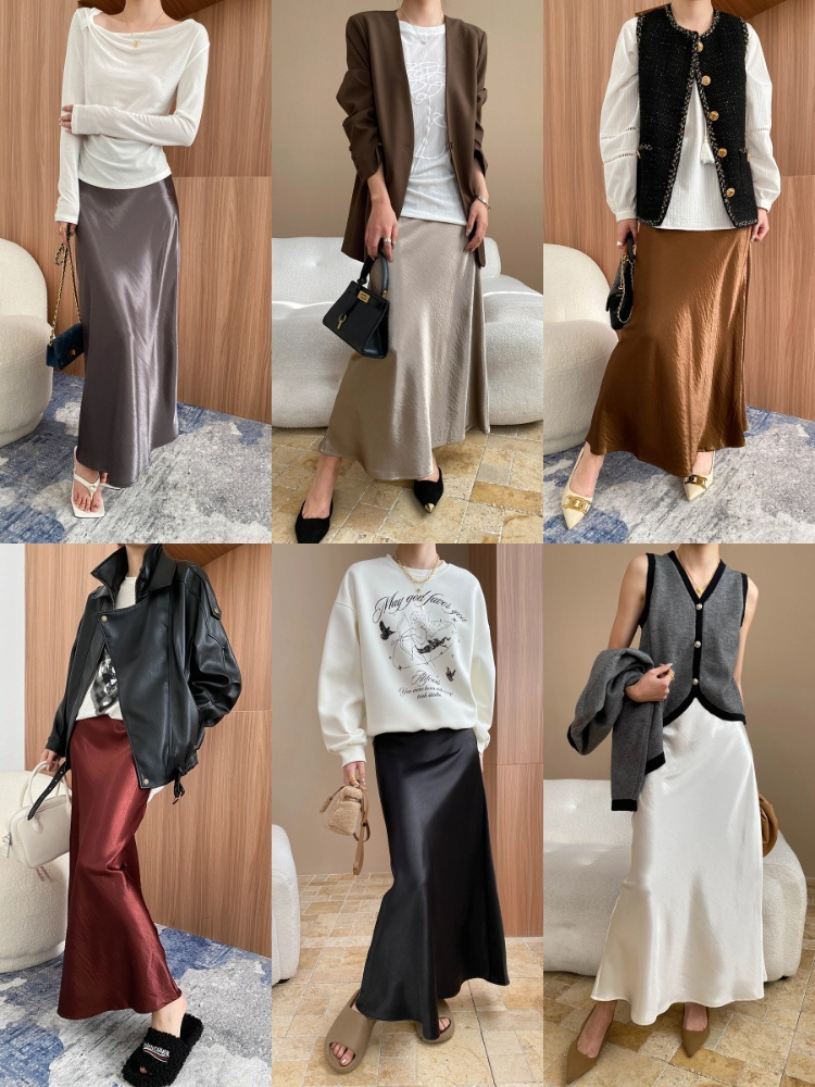 Jupe mi-longue en satin épais et brillant, élégante, silencieuse, de luxe, basique, taille haute, toutes saisons