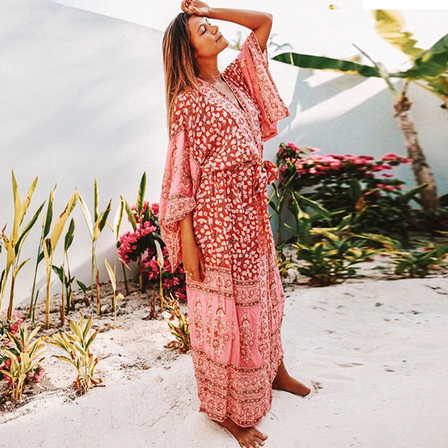 AYUALIN-Kimono vintage en mousseline de soie, imprimé floral, rose, style boho, cover-up pour la plage, vêtements pour femmes
