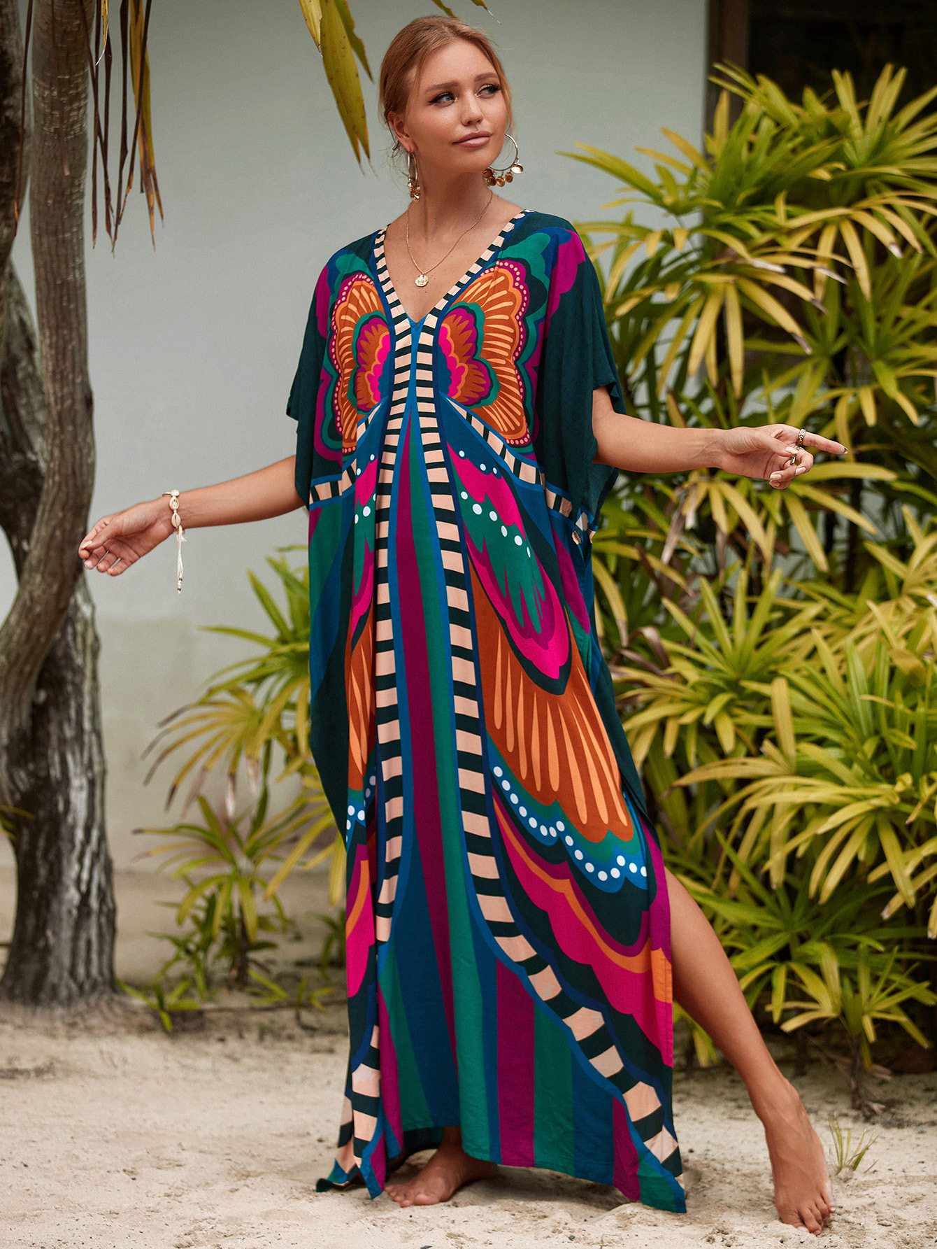 Robes caftan pour femmes col en V imprimé papillon grande taille manches chauve-souris caftans longue maillot de bain couvrir