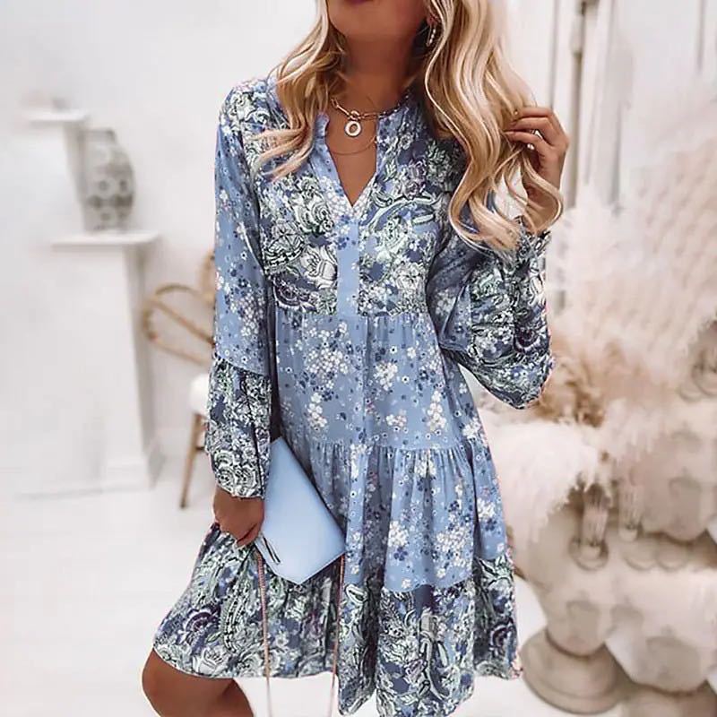 Robe décontractée à imprimé Floral pour femmes, style Boho, col en V, ample, ligne A, élégante, Robe de plage, de soirée, été, 2024