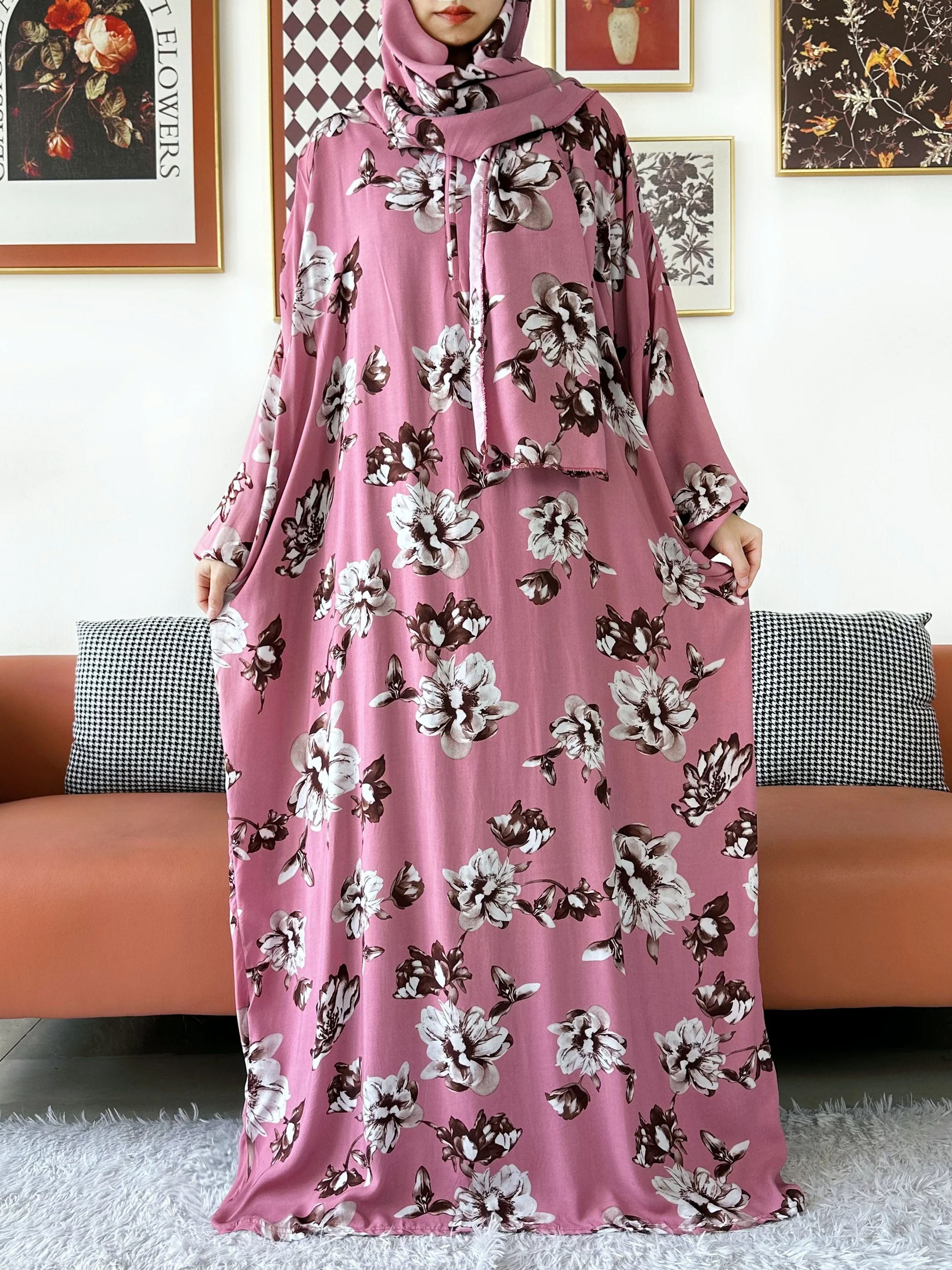 Abaya – Abaya en coton à fleurs musulmanes 6XL, vêtement de prière pour Ramadan, dubaï, turquie, moyen-orient, Robe africaine ample, Turban Joint