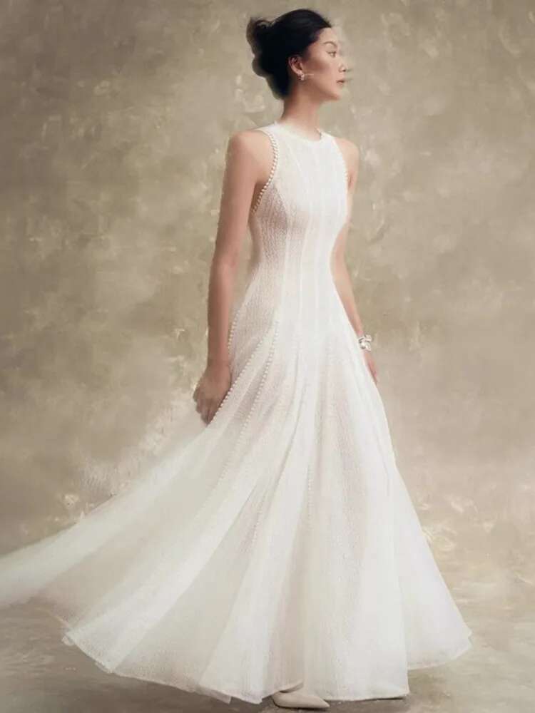DEAT 2026 Robe sans manches à col rond, coupe ajustée, taille haute, longueur ras du sol, style Vestido, Robes de soirée WQ10503
