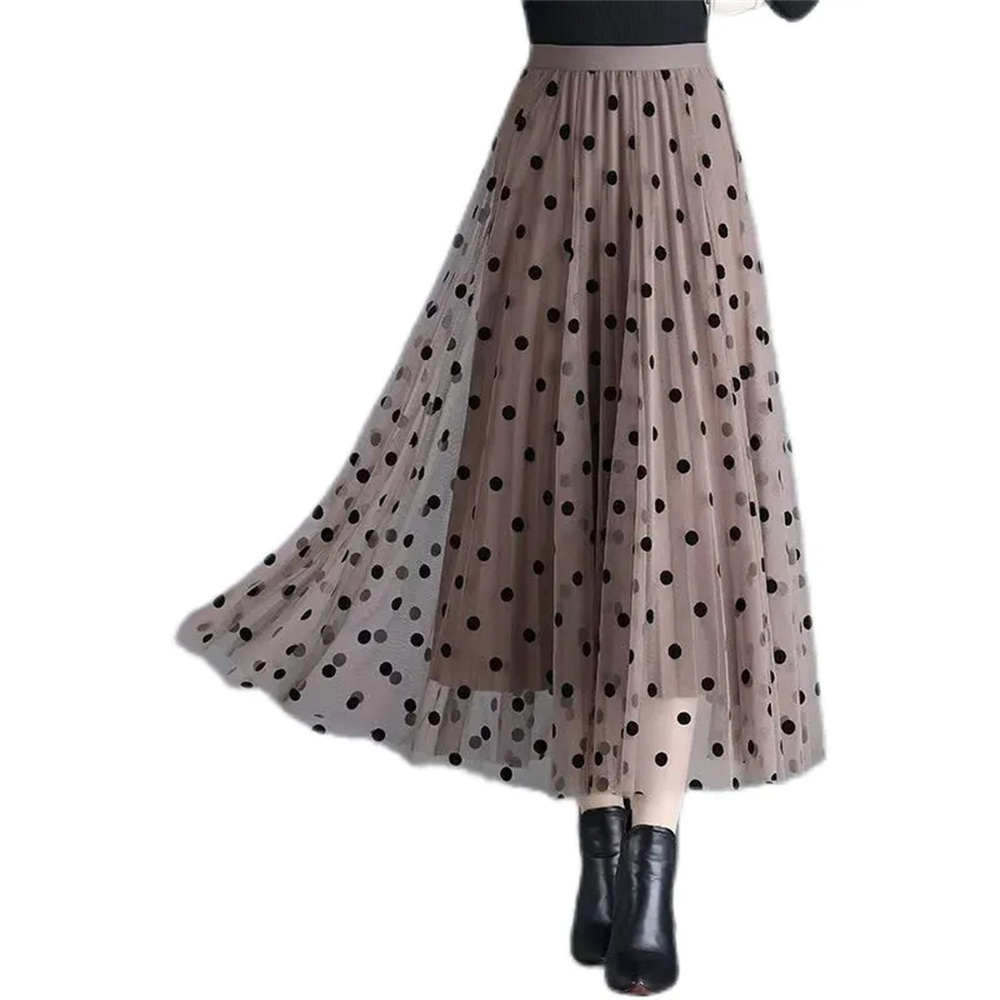 Jupe longue en maille floquée pour femme, style coréen, jupe midi en tulle à fleurs, taille haute, vintage, noire, à pois, pour l'été et l'automne