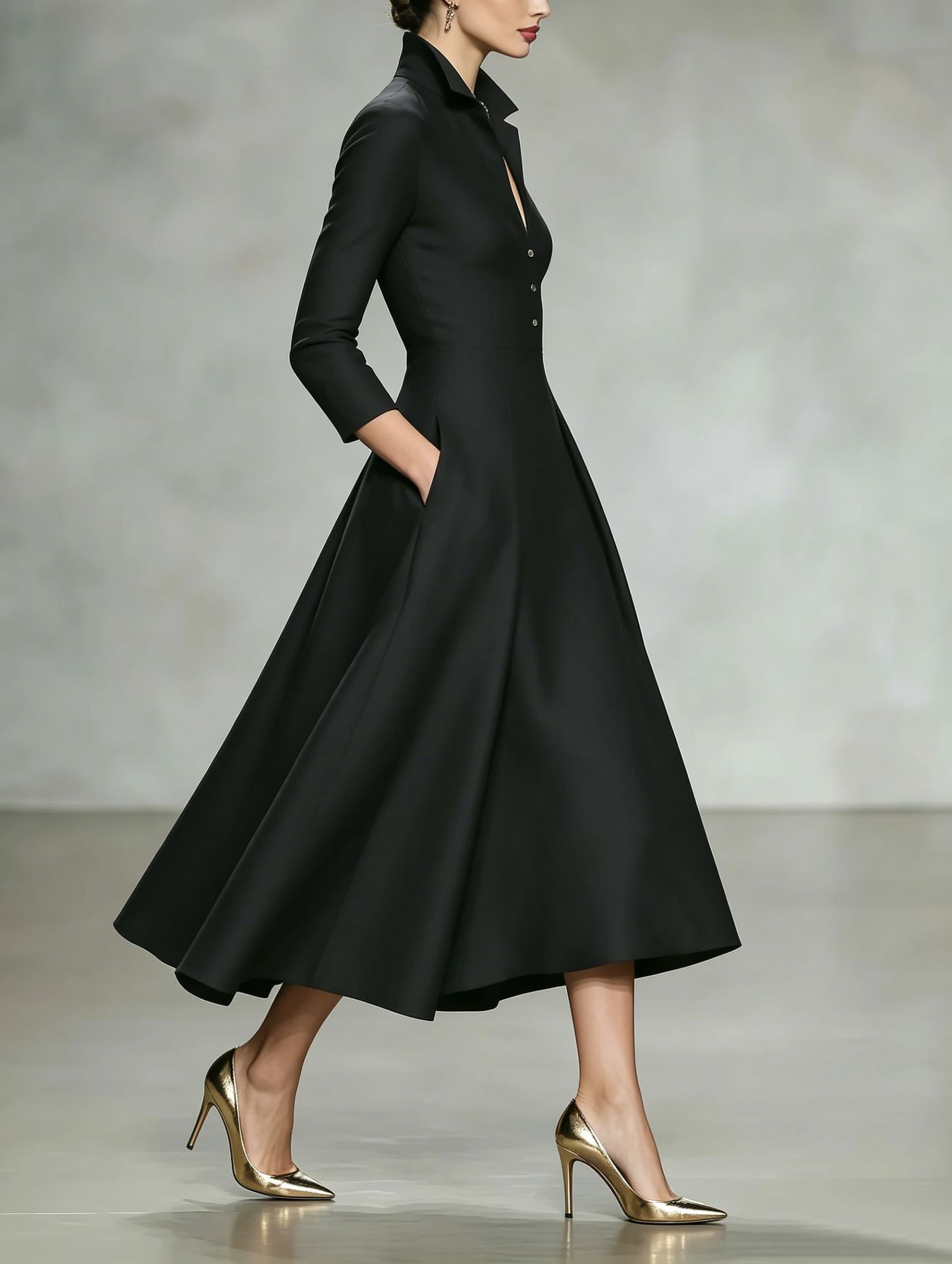 Robe midi élégante pour femmes, automne-hiver 2026, col en V, manches longues, taille cintrée, robe de bureau tendance