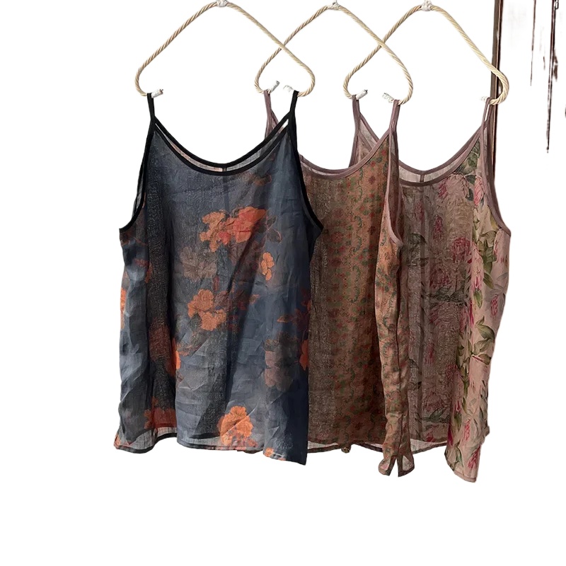 Camisole en fibre de ramie imprimée de style coréen pour femmes, bretelles spaghetti, col en V glacé, précieux, doux, décontracté, nouveau, 2024