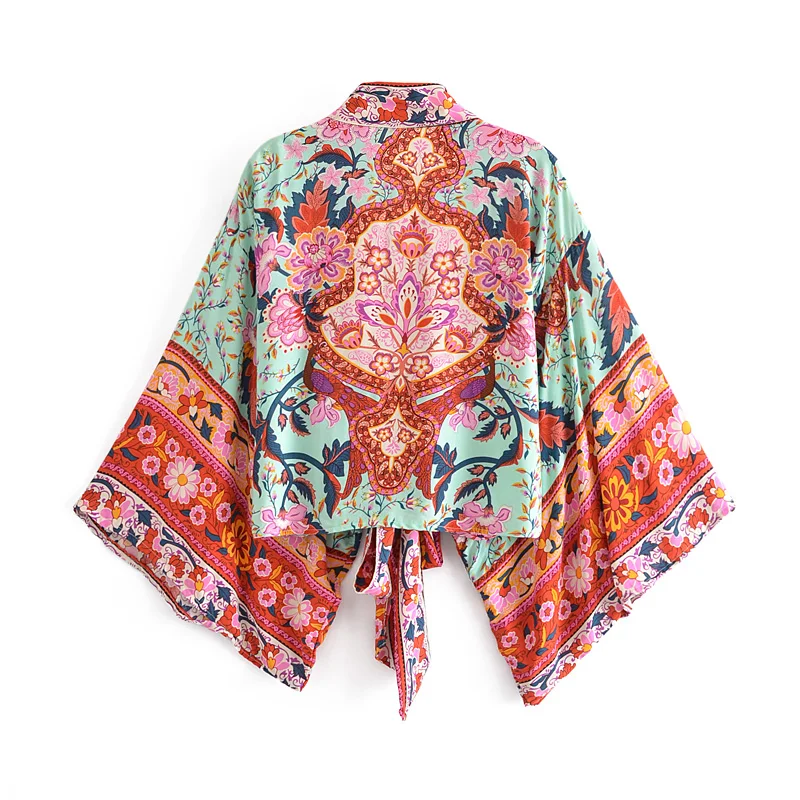 Boho Queens Vintage imprimé fleuri ceintures court Kimono femmes nouvelle mode col en V manches chauve-souris dames Robe de plage couvertures