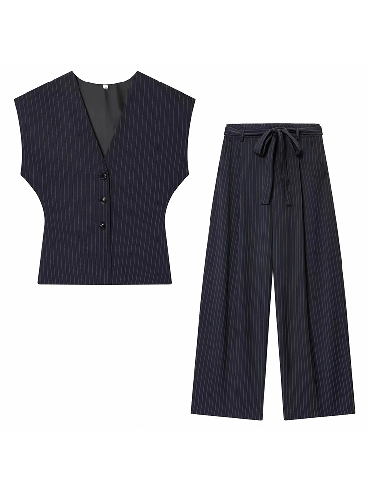 Ensemble 2 pièces mode femme : Gilet sans manches col en V à rayures fines et pantalon plissé ample d'été avec poches et ceinture zippée
