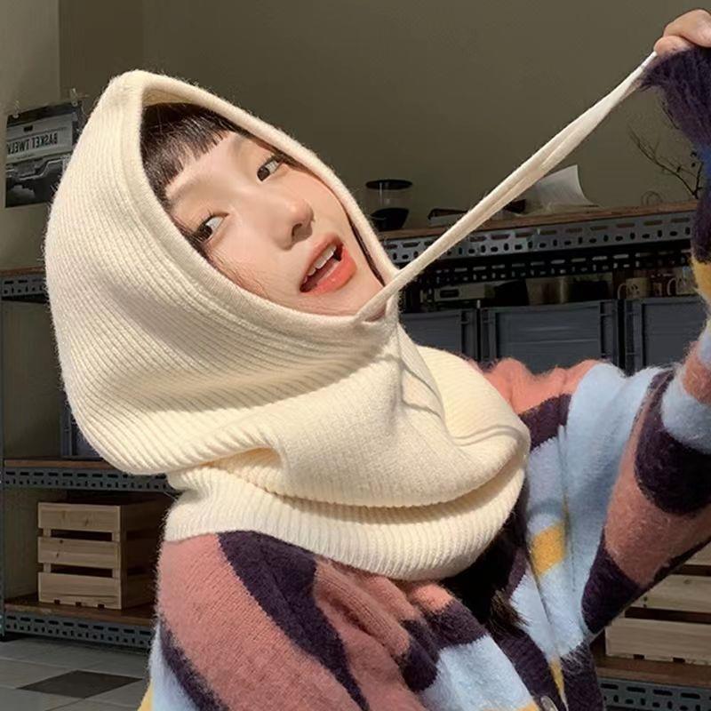 Écharpe à capuche tricotée chapeau cagoule en tricot coréen extérieur écharpe à capuche chaude avec cordon réglable Protection des oreilles bonnets casquette