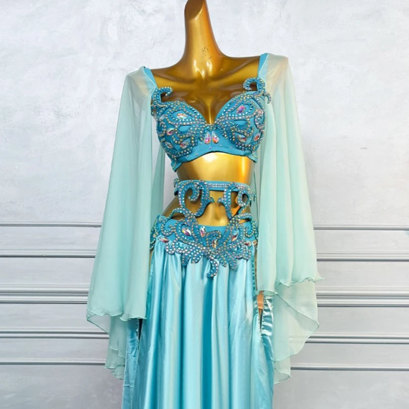 Costume de spectacle de danse du ventre pour femmes, ensemble de luxe élégant en mousseline de soie avec strass, tenue de compétition de danse du ventre orientale pour adultes