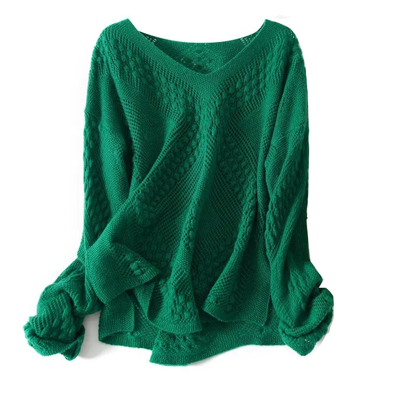 Pull tricoté décontracté ample à manches longues pour femme, grande taille 6XL (jusqu'à 150 kg), couleur unie, ajouré, collection automne-hiver