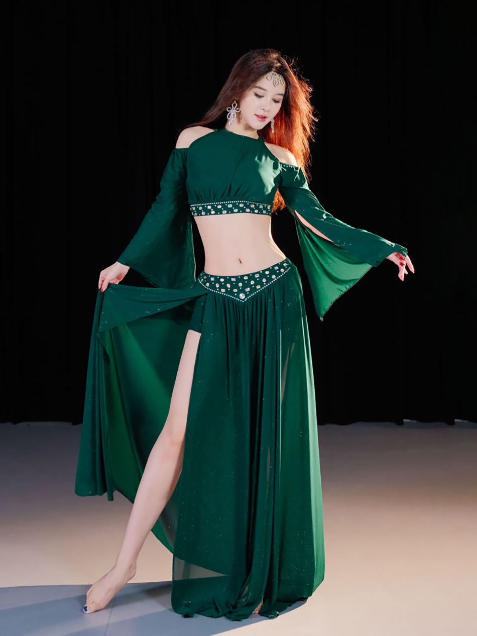 Costumes de danse du ventre pour femmes, haut + jupe, manches longues, vêtements de danse, ensemble de vêtements d'entraînement, tenues de danse
