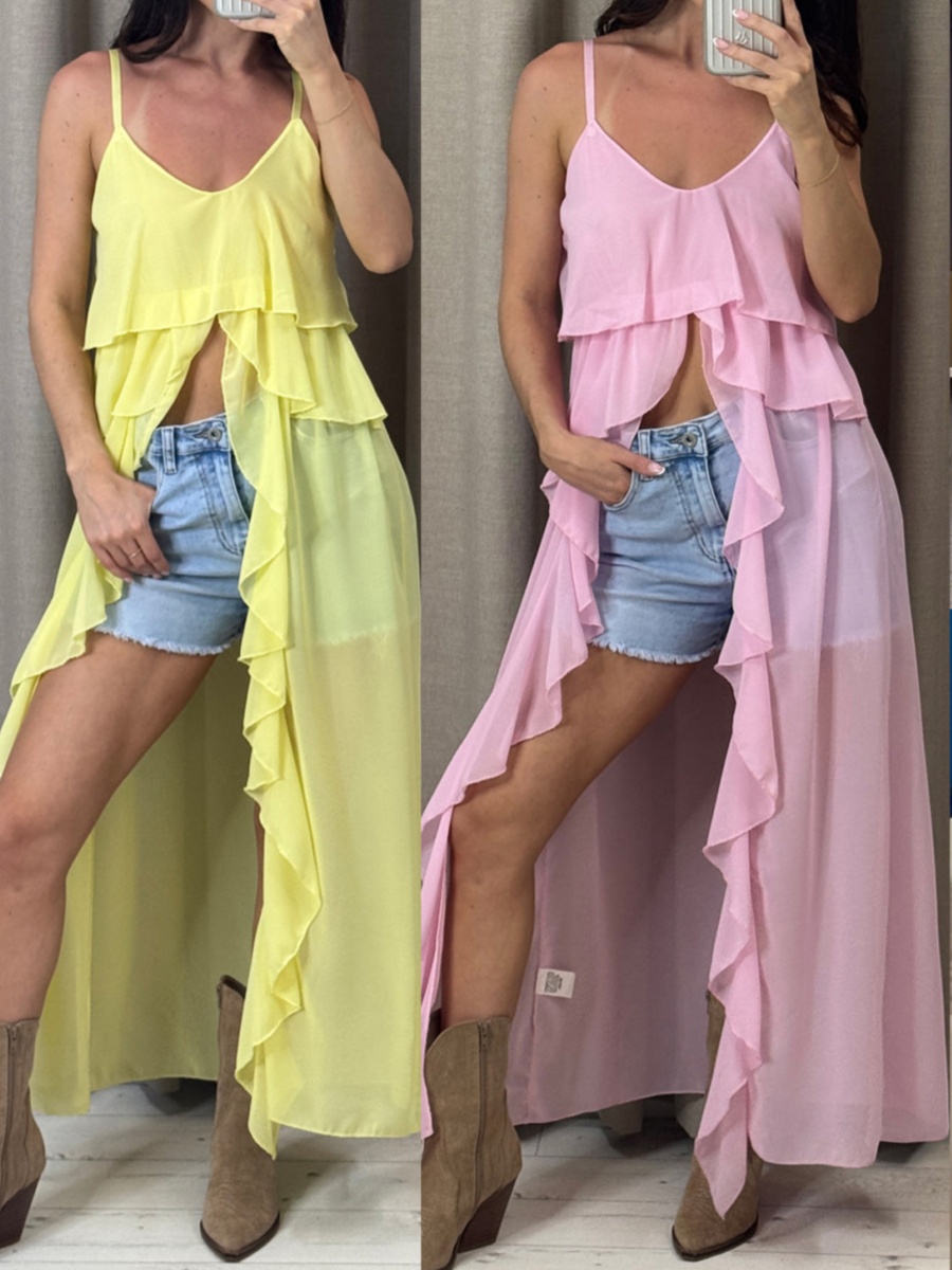 2025 nouvelle mode femmes été Camisole décontracté volants irréguliers fendu col en v bretelles Spaghetti débardeurs sans manches T-Shirt
