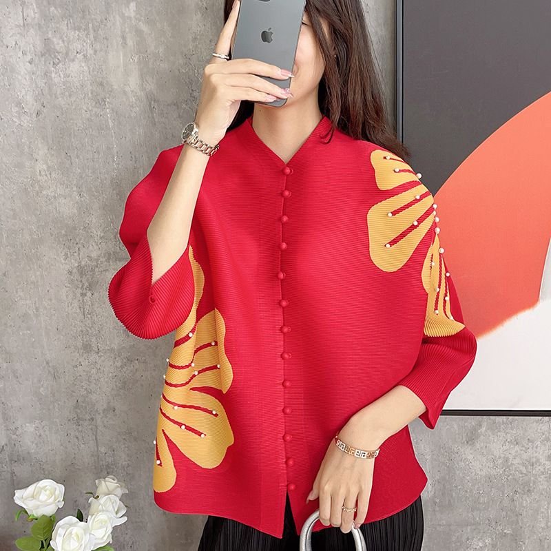 Vêtements pour femmes Miyake plis mode Cardigan haut Style d'été coupe ample manches chauve-souris chemise imprimée vêtements d'hiver femmes