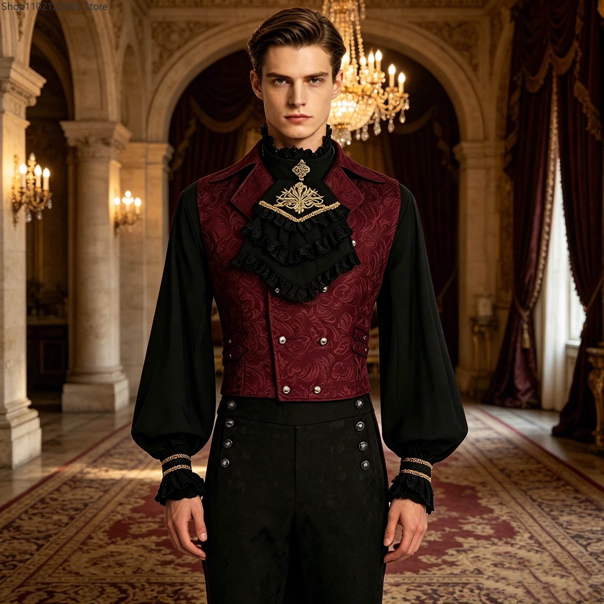 Costume Gothique Homme, Smoking Médiéval, Chemise Noire Steampunk, Gilet, Tenue de Cour, Costumes de Cosplay Vampire Halloween 2026
