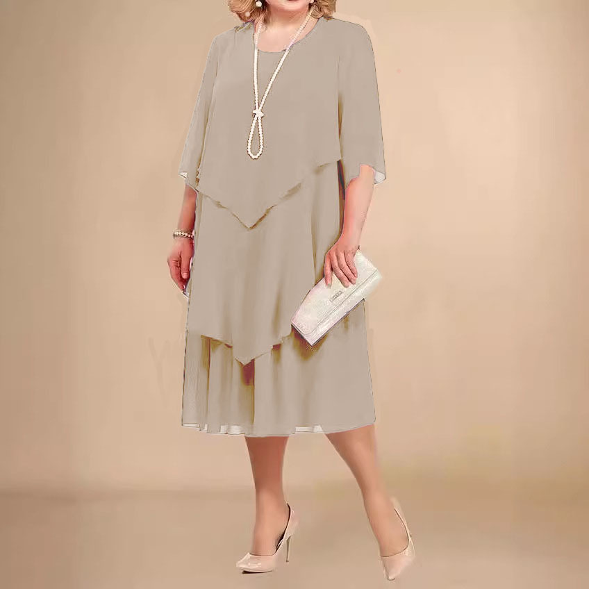 Robe en mousseline de soie à ourlet superposé irrégulier pour femmes, robe mi-longue fluide, robes à col rond, mode de fête élégante, invité de mariage, grande taille, été