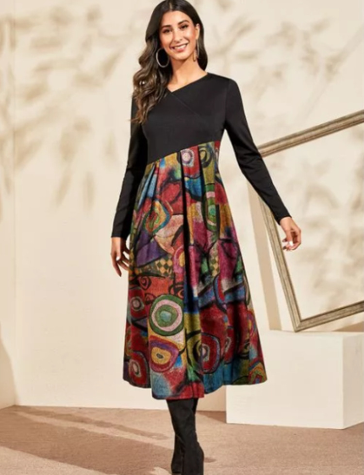 2025 robe automne Roupas Femininas col en v bohème imprimé à manches longues coupe ajustée bureau déplacements et loisirs Robes Soiree Femmes