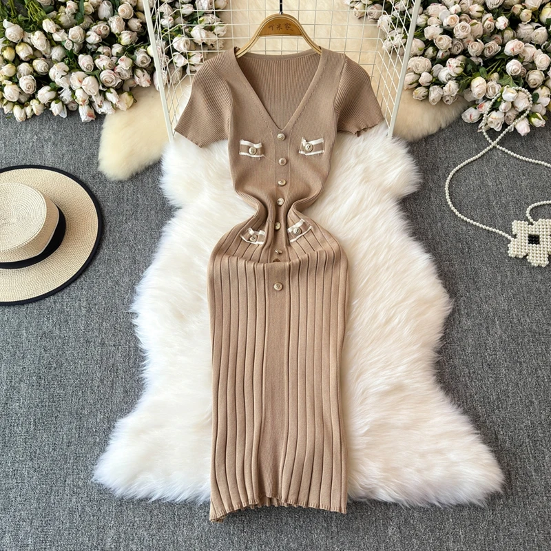 Robe longue élégante pour femmes, col en V, simple boutonnage, manches courtes, tambour, robes con, mode, fête, bureau, dame, éducatif, été