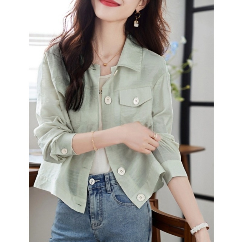Veste courte pour femmes de style coréen, à col à revers et poches, légère et décontractée, idéale pour les tenues quotidiennes d'été.