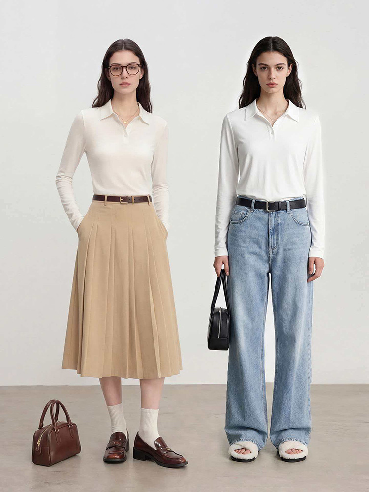 T-shirt Polo à manches longues pour femmes, 80% soie, sans repassage, Slim, doux, haute élasticité, hauts basiques