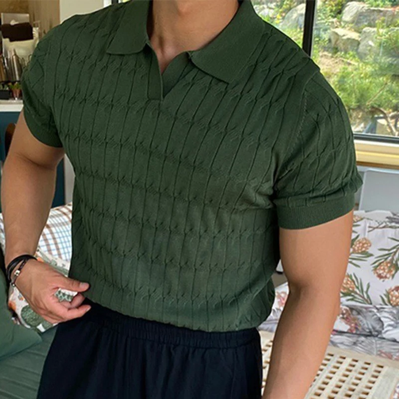 Polo jacquard à rayures pour hommes, T-shirt décontracté à col en V et à manches courtes, vêtement de luxe léger et respirant