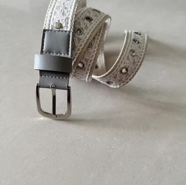 Ceinture en toile vintage avec dentelle pour femme, boucle métallique tendance, ceinture décorative, accessoire rétro pour jean, design coréen à la mode, 110 cm