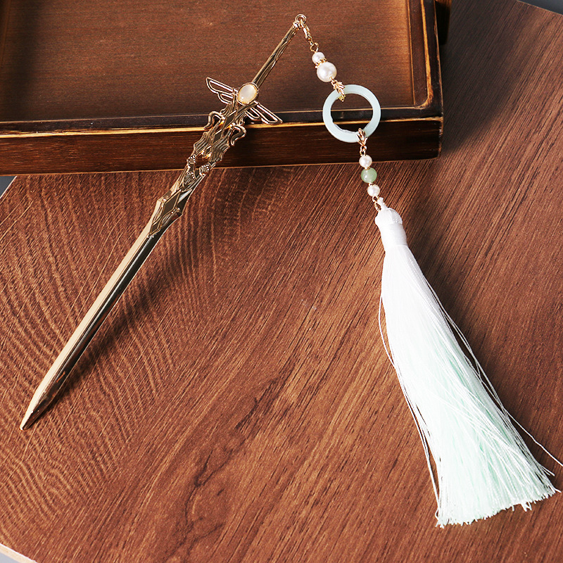 Épingle à cheveux épée avec pompon enroulé, Style ancien Hanfu, cravate pour cheveux secouant la tête, couvre-chef Simple de Style ancien