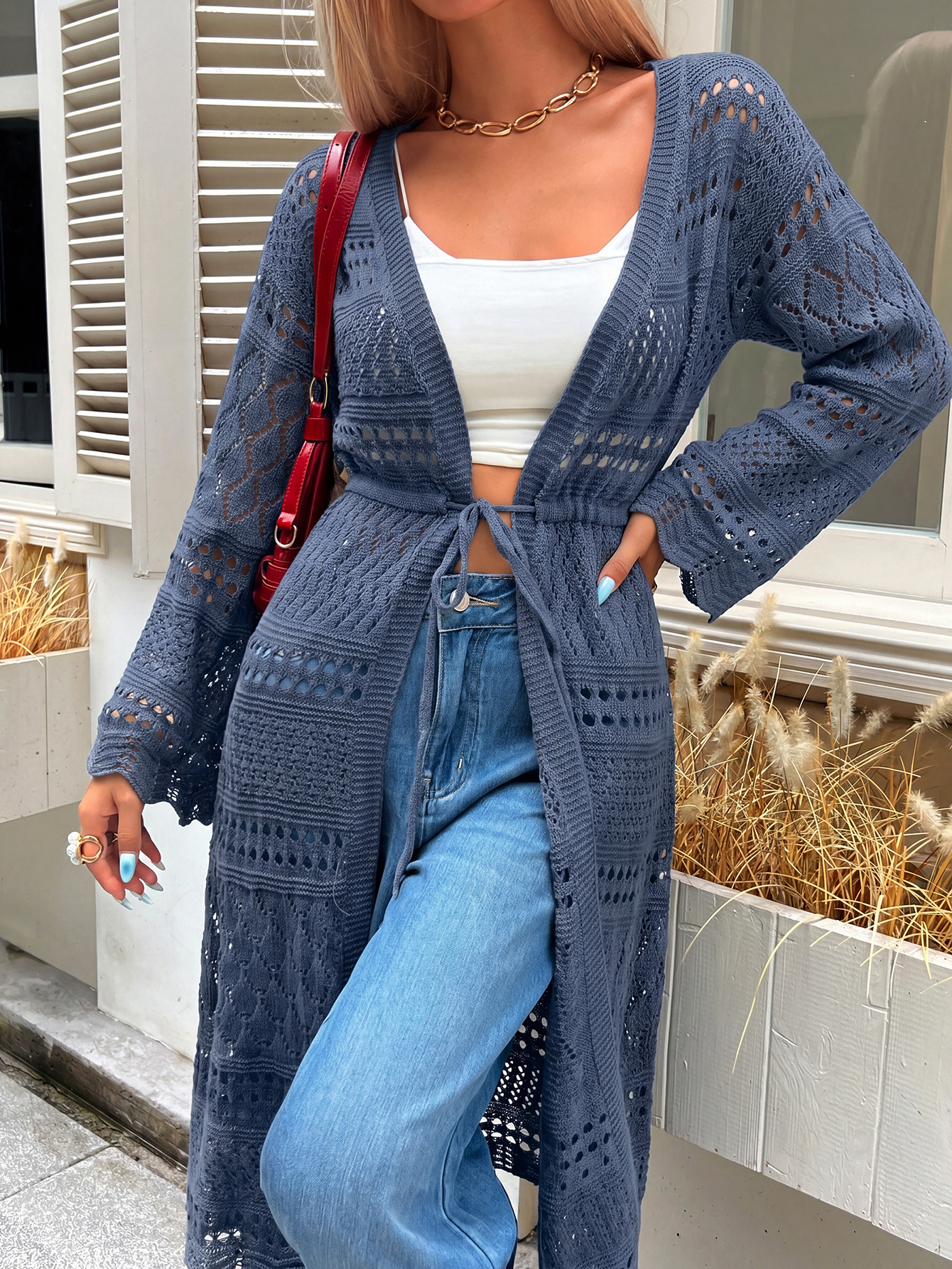 Robe longue de plage en crochet 2026, à manches longues, ouverte sur le devant, avec lien à nouer à la taille, ajourée, pour couvrir le maillot de bain
