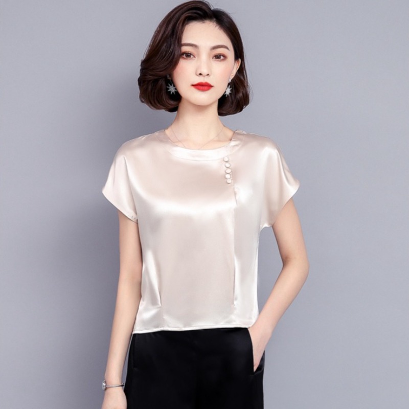 Chemisiers en mousseline de soie pour femmes, couleur unie, style soie, manches courtes, été