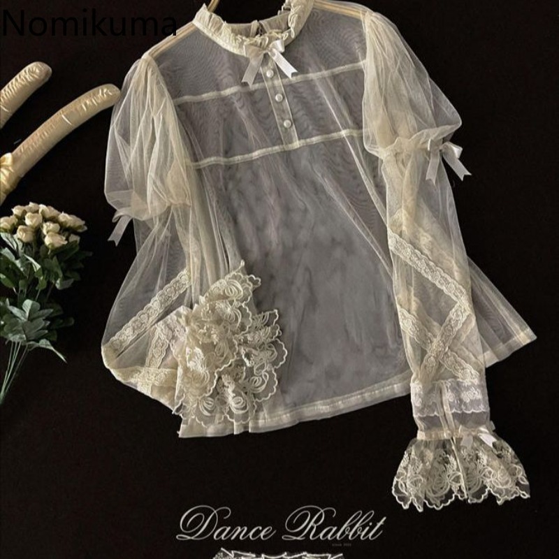 Chemisier japonais vêtements pour femmes 2025 Camisas De Mujer Style Lolita dentelle gaze nœud chemises d'été voir à travers volants hauts doux