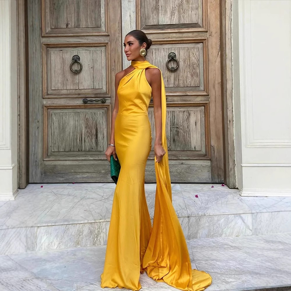 Robe dos nu à col drapé, style européen et américain, pour femme, légère et élégante