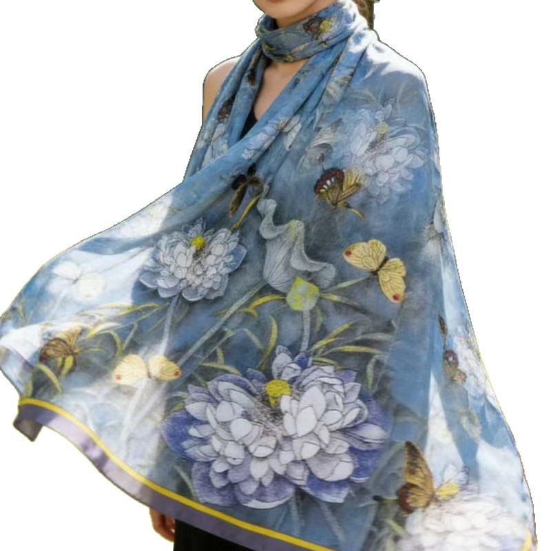 Écharpe en soie à imprimé floral haut de gamme pour femme, longue écharpe double face, style coréen, soie Xiangyun, style chinois, écharpe à fleurs découpées