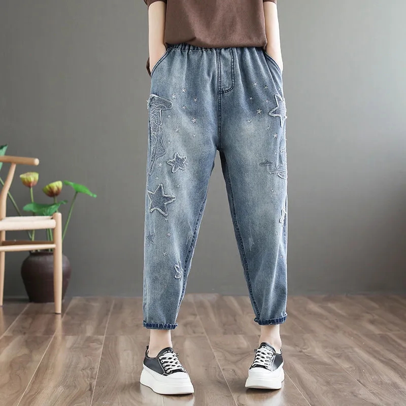 Pantalon Harem en Jean Brodé Femme Printemps Automne 2026 Délavé Coupe Ample Taille Élastique Rétro Décontracté Jean Neuf Poches Femme