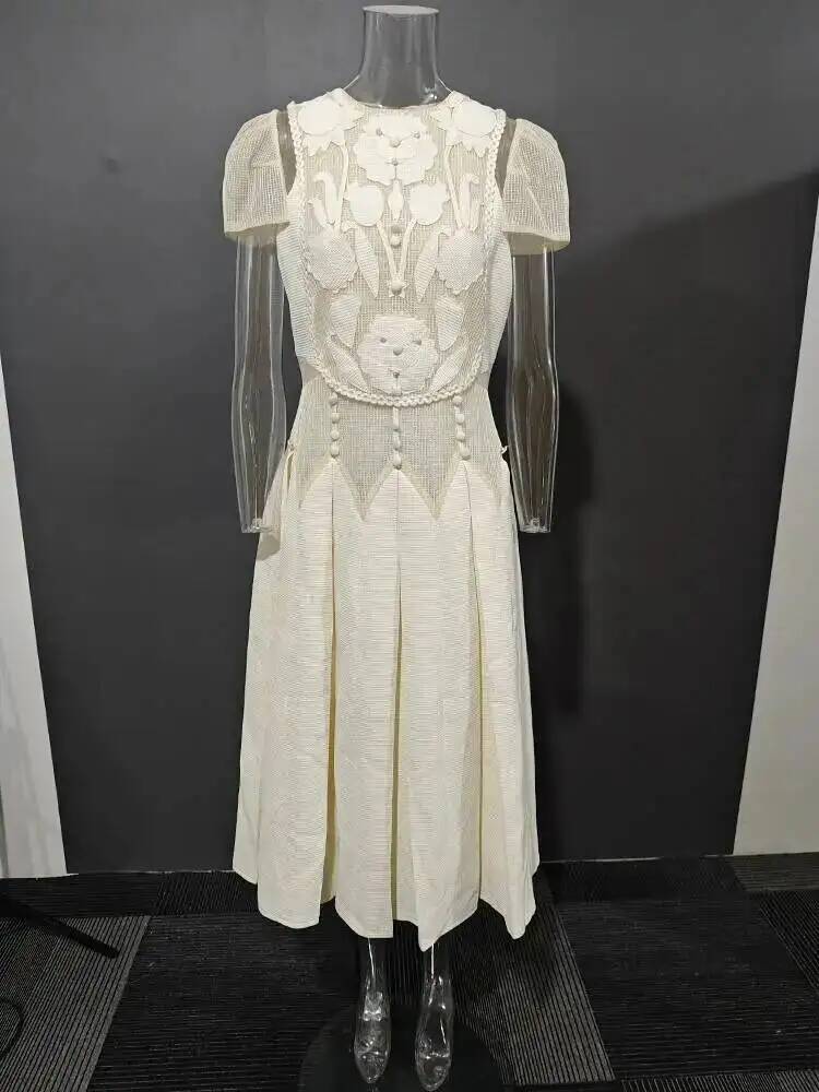 DEAT robe élégante en relief évidé à manches courtes plissée a-ligne robes de soirée pour femmes 2026 été nouvelle marée 35Z4328