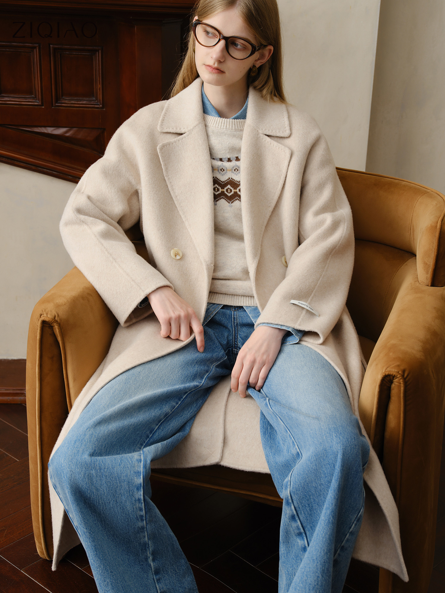 ZIQIAO élégant femmes Petite laine pardessus avec revers de costume 2025 hiver nouveauté 100% laine manteaux costume col Long manteau d'hiver