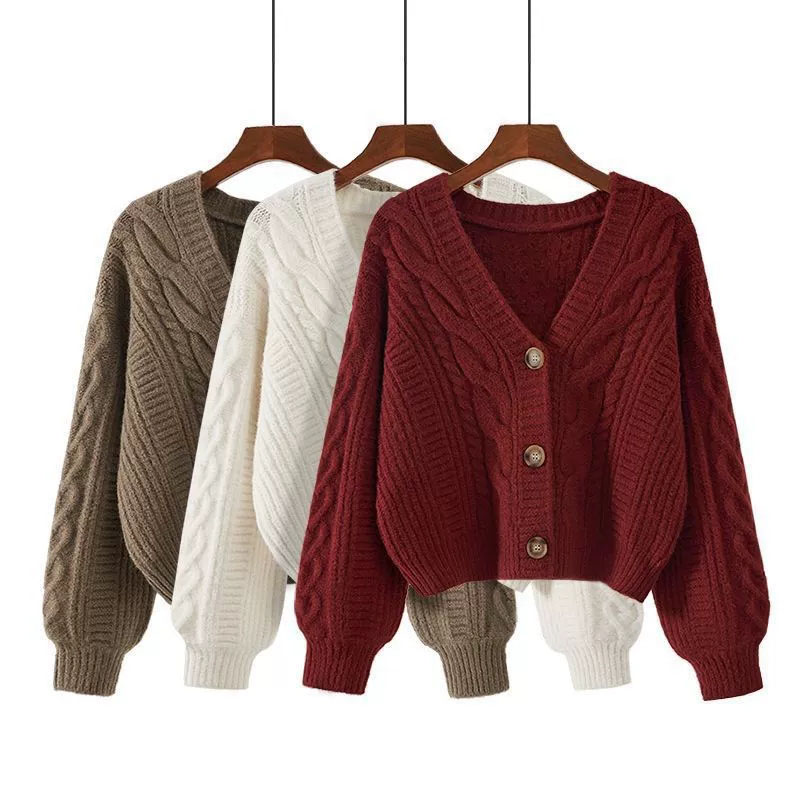 Cardigan court à manches longues et col en v pour femme, couleur unie, Vintage, torsadé, tricoté, avec boutons, nouvelle collection automne hiver