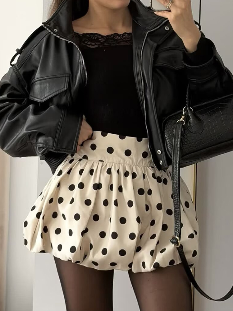Jupe plissée mini HH pour femme, élégante, vintage, à pois, taille haute, avec fermeture éclair latérale, style streetwear sexy, été 2026