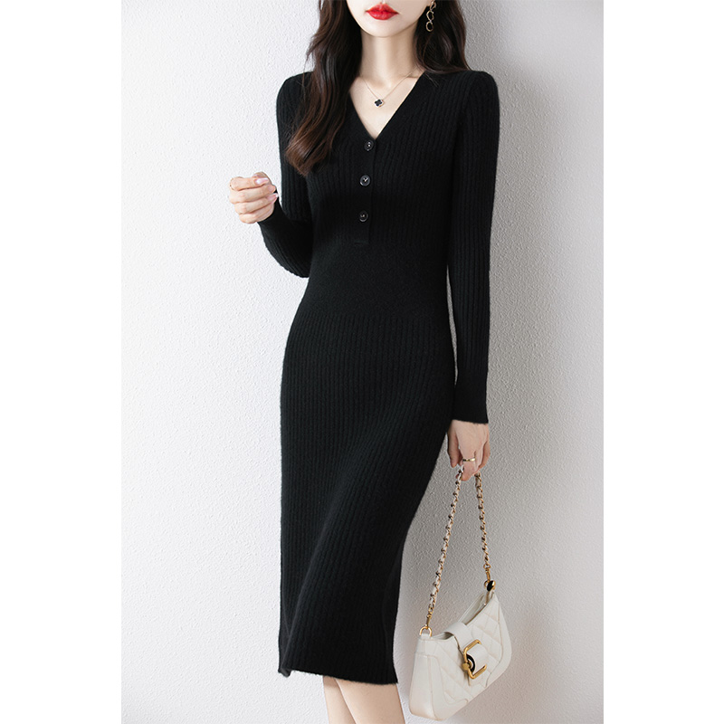 Femmes 100% laine mérinos robe mi-longue pull automne hiver col en v avec boutons pull bas tricots dame robe mince