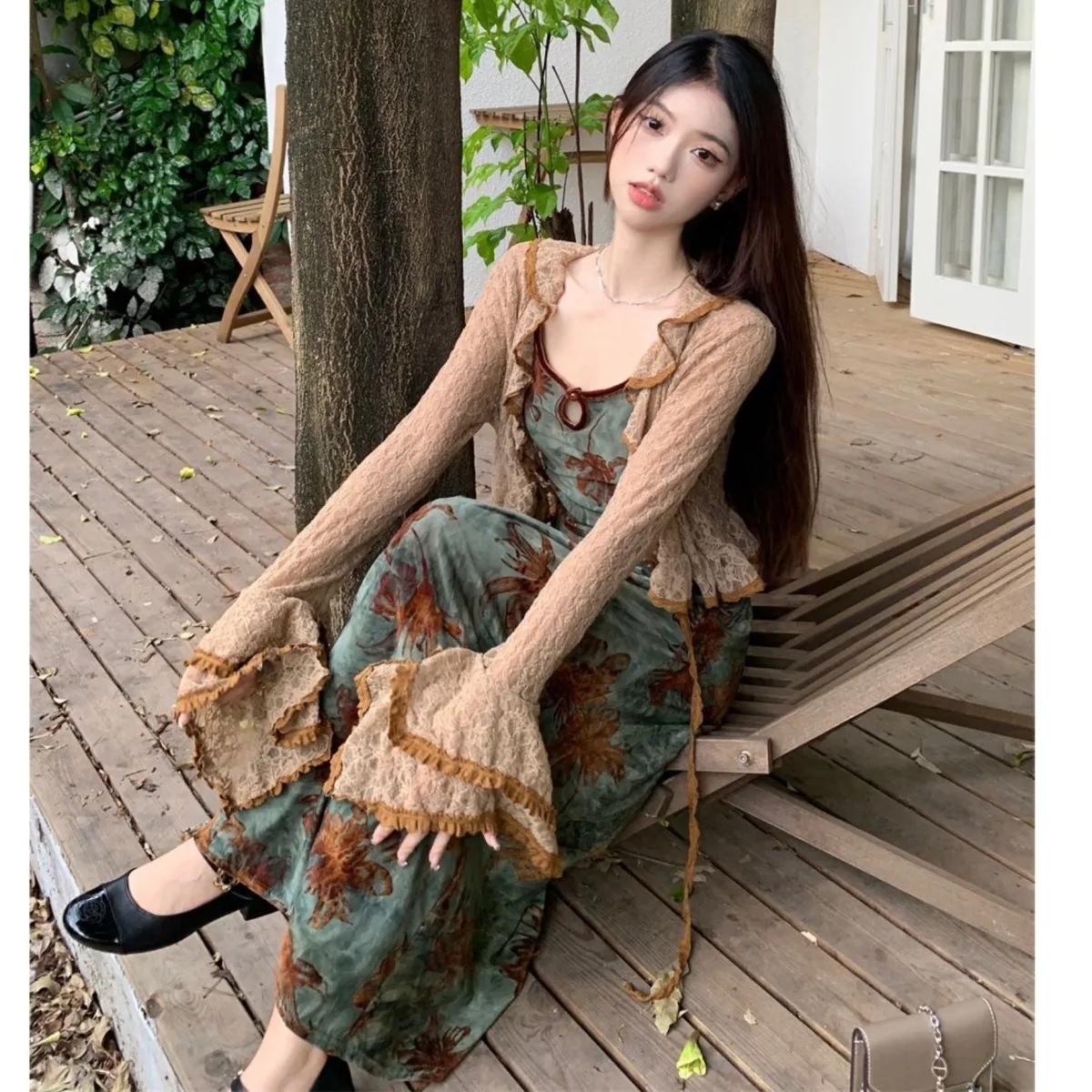 Ensemble deux pièces patchwork floral vintage pour femmes, robe maxi à volants, cardigan court, tenue à lacets, Vein Chic, doux