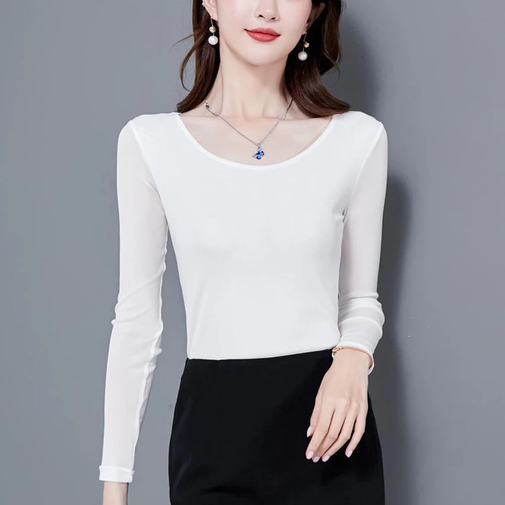 Femmes à manches longues T-Shirts 8 couleurs taille S-4XL Perspective maille col rond femme sommets Blouses à manches longues col rond t-shirt hauts